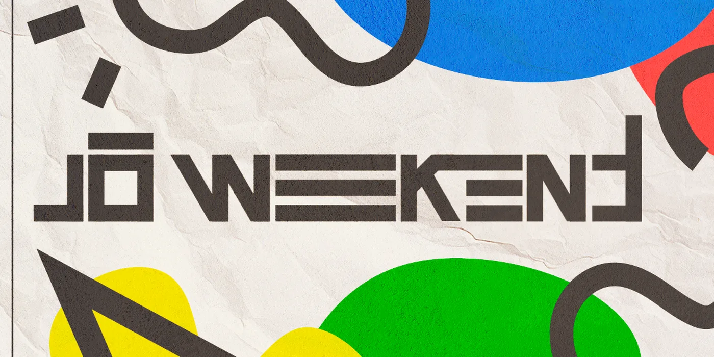Ingresso do Jô Weekend com o logotipo e formas coloridas sobre papel amassado