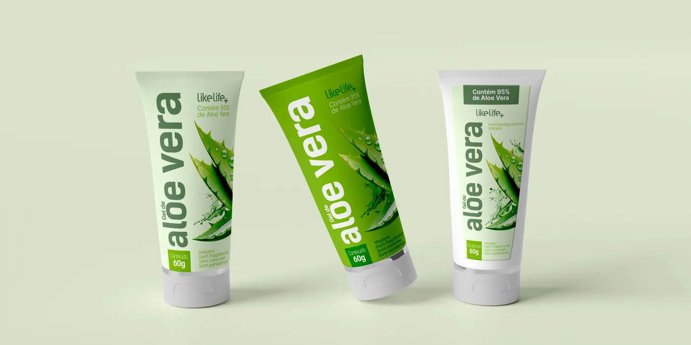 Três tubos de gel de aloe vera LikeLife+ em verde-claro, verde intenso e branco