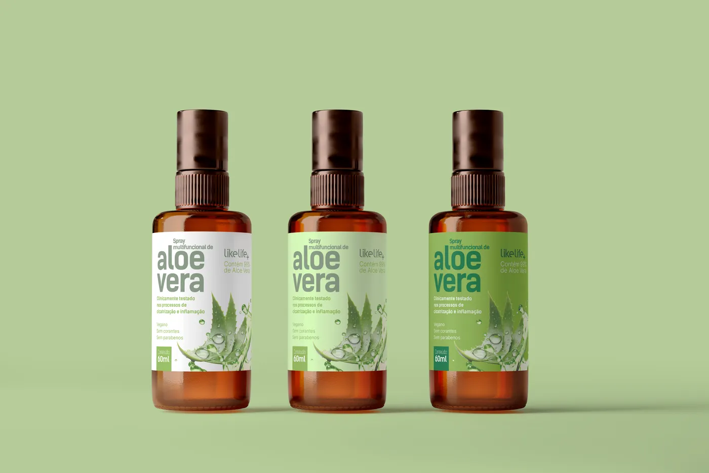 Frascos âmbar do spray multifuncional de aloe vera LikeLife+ com rótulos branco, verde-claro e verde