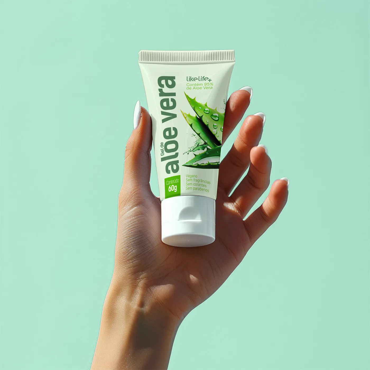 Mão segurando o tubo de gel de aloe vera LikeLife+