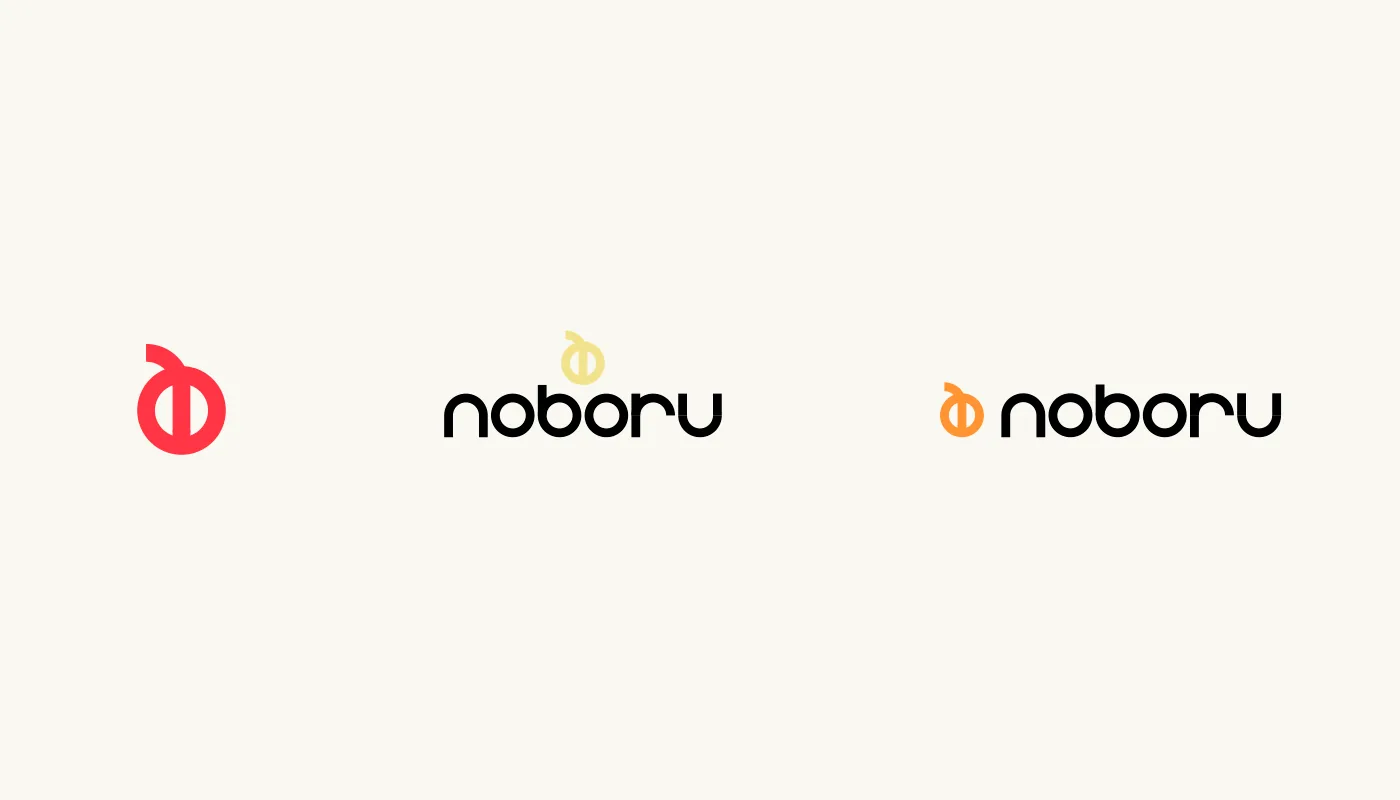 Versões do logotipo Noboru: isotipo vermelho, assinatura com isotipo amarelo e assinatura com isotipo laranja
