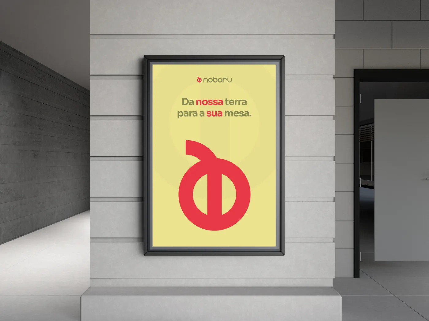 Cartaz da Noboru com o isotipo vermelho e a frase Da nossa terra para a sua mesa